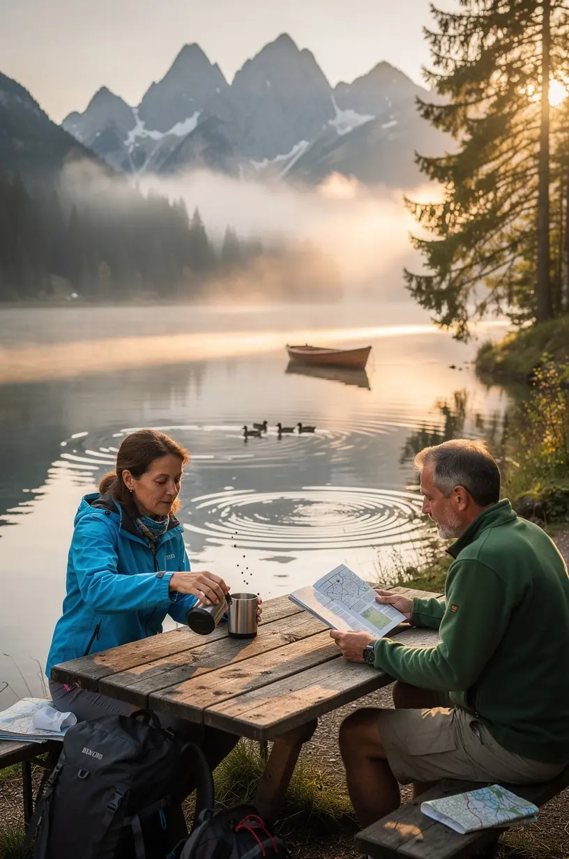 Traditional wooden boat resting on the shore of a tranquil Slovak lake at sunrise.