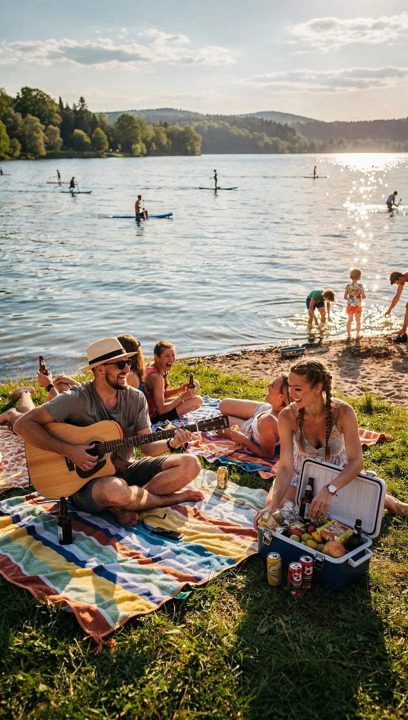 Hiker pausing on a riverside path to admire the reflection of autumn trees in still water.