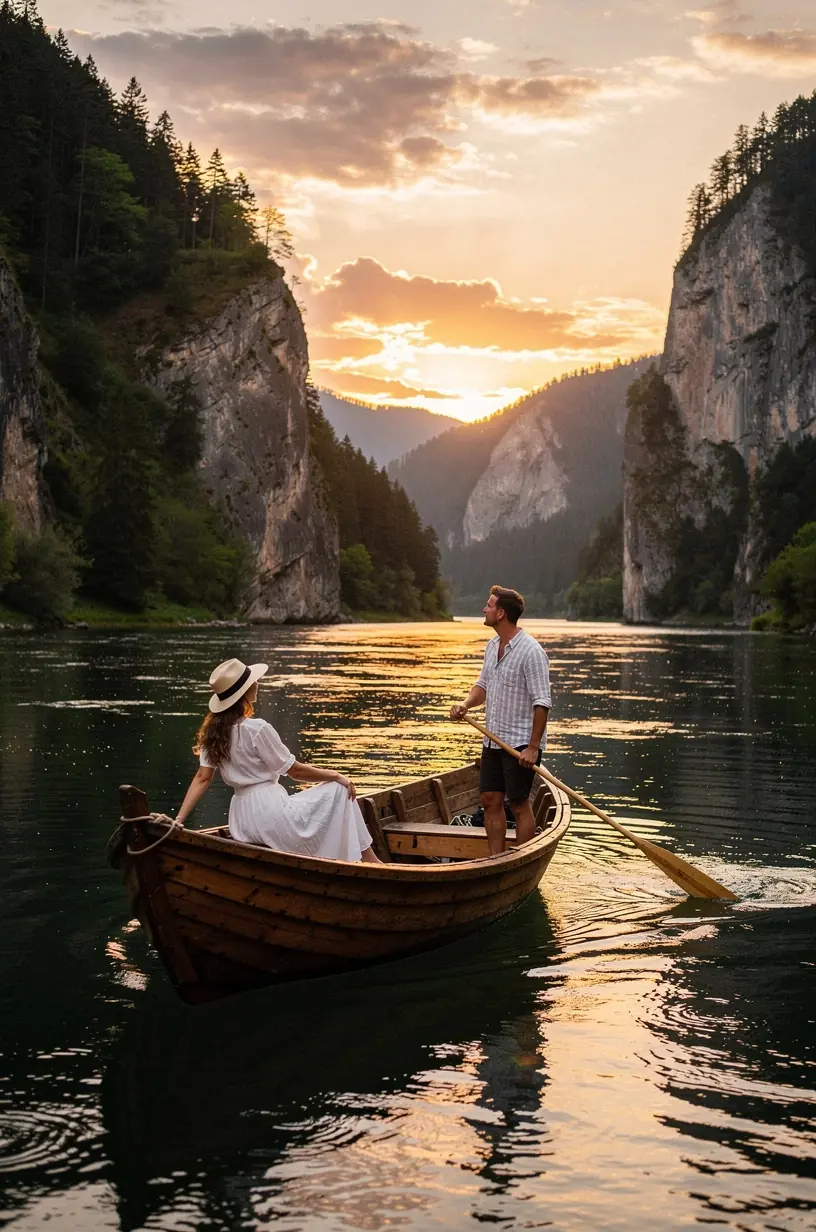 Kayaker paddling peacefully on a wide, clear river bordered by dense forest in Slovakia.