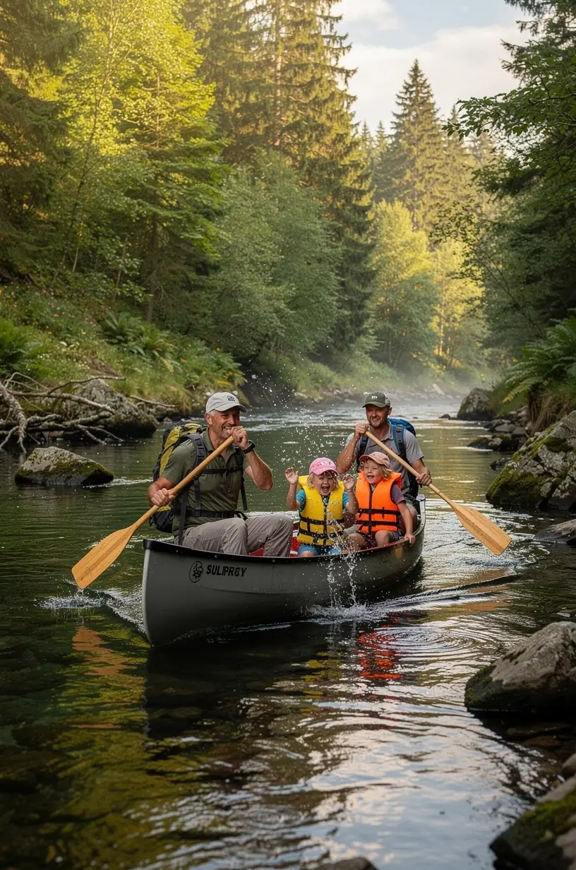 Peaceful river path winding gently through a meadow with wildflowers, ideal for slow-paced hiking.